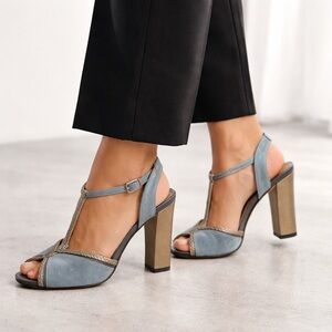 LEIFSOTTIR Anthropologie Blue Suede T-Strap Heels-block heel-7.5